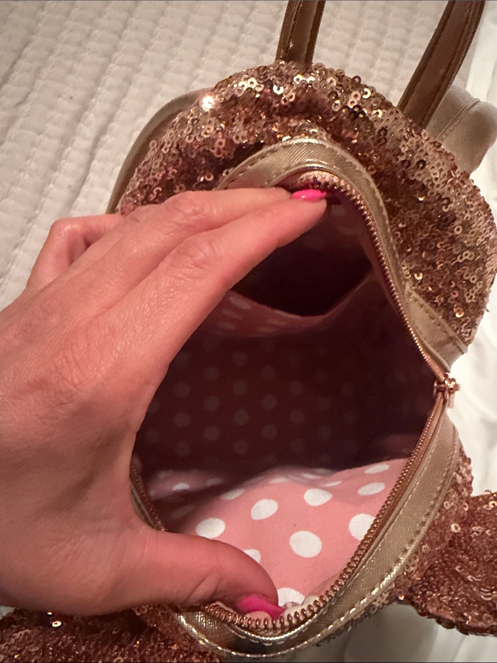 Loungefly Rose Gold Sequin Mini Backpack with Metallic Bow (Retired heart logo) - Picture 4 of 7